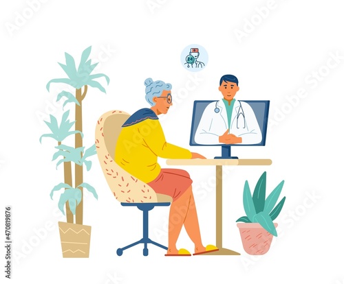 Online medical consultation for elderly flat vector illustration. Senior woman talking to doctor online.