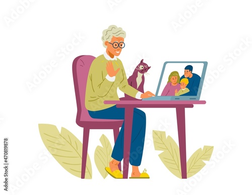 Family video conference flat vector illustration. Senior woman with cat talking to family by video call.