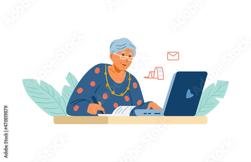 Senior woman working on laptop paying bills online, managing business remotely. Flat vector illustration. Isolated on white.
