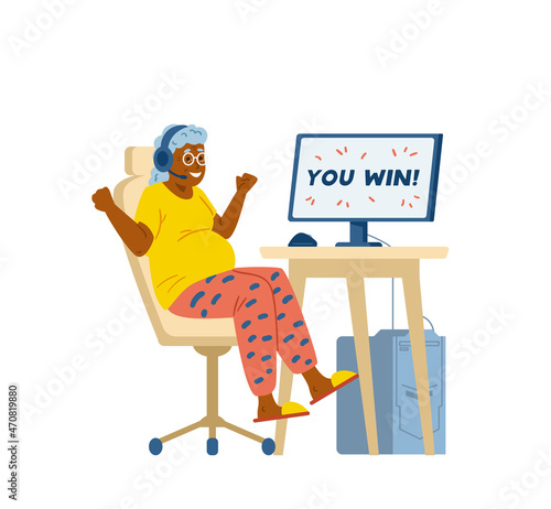 African american senior woman gamer happy about winning in computer game flat vector illustration. Happy grandma in headset at computer desk. Isolated.