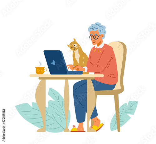 Senior woman typing on laptop flat vector illustration. Isolated on white.