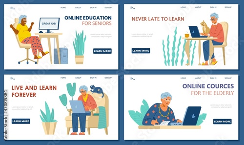Online education for elderly landing page templates vector set. Senior women at computers learning distantly.