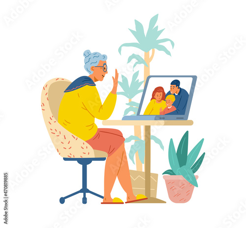Family video conference flat vector illustration. Senior woman talking to family by video call. 