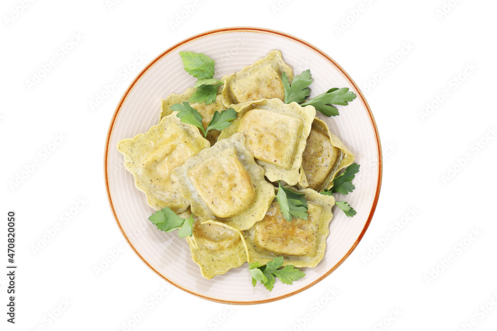Plate with delicious ravioli isolated on white background Plate with delicious ravioli isolated on white background