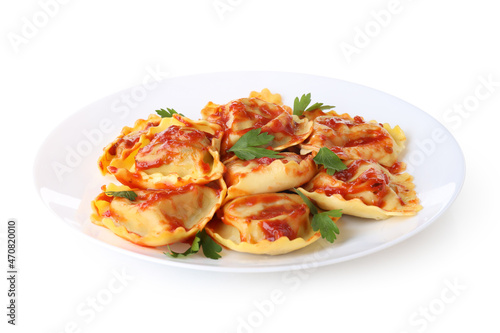 Plate with delicious ravioli isolated on white background