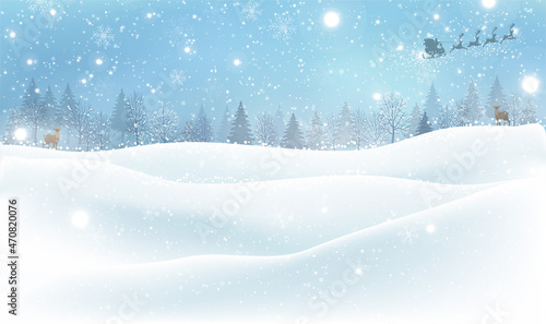 Christmas winter landscape background. Merry Christmas and Happy New Year winter landscape with fir trees and deer. Beautiful snowy winter landscape panorama with forest. Vector winter background.