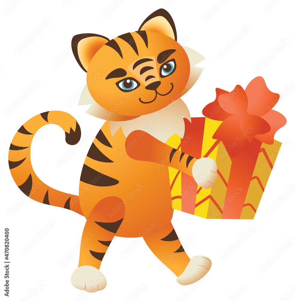 Cute tiger with a gift in its hands. 2022 mascot. Isolated on a white background. Can be used for t-shirt, greeting card, invitation card or mascot, banners, web, packaging, ads, cards etc. Vector. Cute tiger with a gift in its hands. 2022 mascot. Isolated on a white background. Can be used for t-shirt, greeting card, invitation card or mascot, banners, web, packaging, ads, cards etc. Vector.