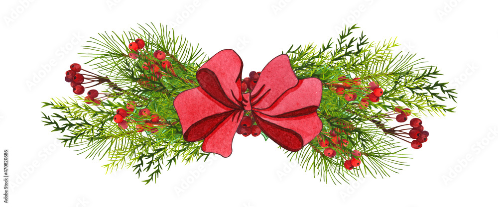 Christmas pine tree wreath with red bow, isolated on white. Watercolor garland , banner. Christmas pine tree wreath with red bow, isolated on white. Watercolor garland , banner.