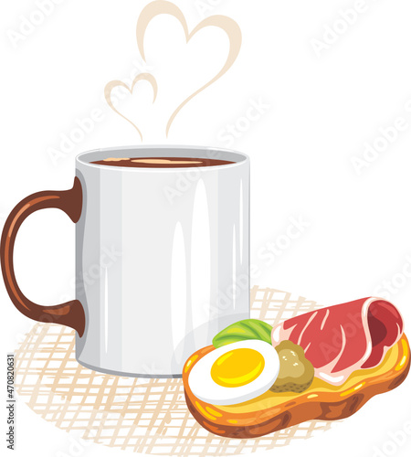 Mug with coffee and crouton with Italian ham, egg and pickled cucumber on a napkin