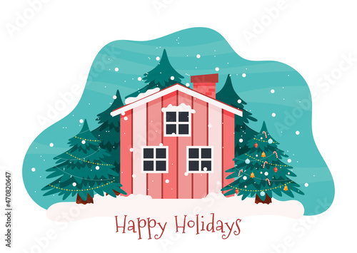 Happy Holidays illustration with wooden cabin in the snowy forest