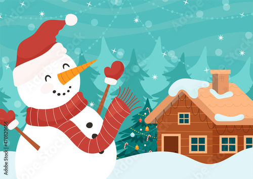Cartoon Christmas winter scene card with cute snowman