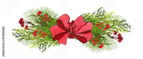 Fototapeta Naklejka Na Ścianę i Meble -  Christmas pine tree wreath with red bow, isolated on white. Watercolor garland , banner.