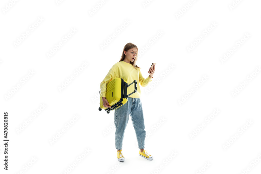 Attractive girl isolated on white background, travel concept Attractive girl isolated on white background, travel concept