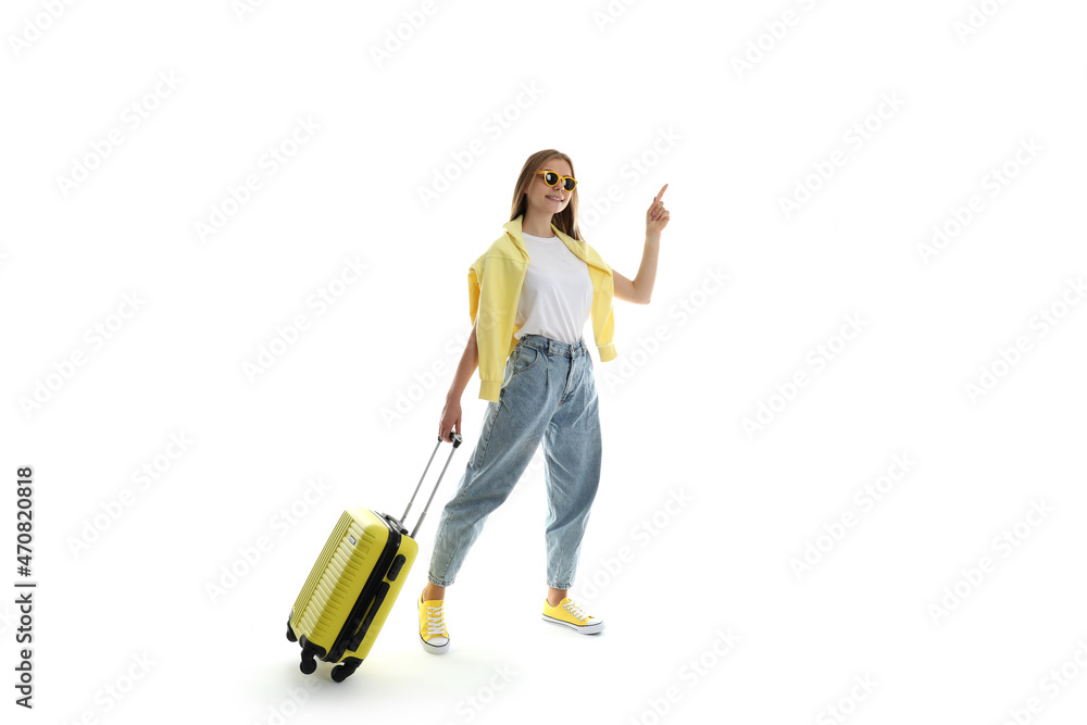 Attractive girl isolated on white background, travel concept Attractive girl isolated on white background, travel concept