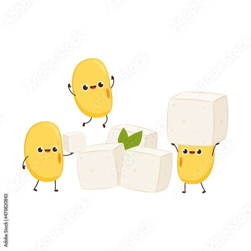 Soybean vector. Soybean character design. White Tofu vector. Tofu cartoon style isolated on white background. Vegetarian nutrition, healthy food.