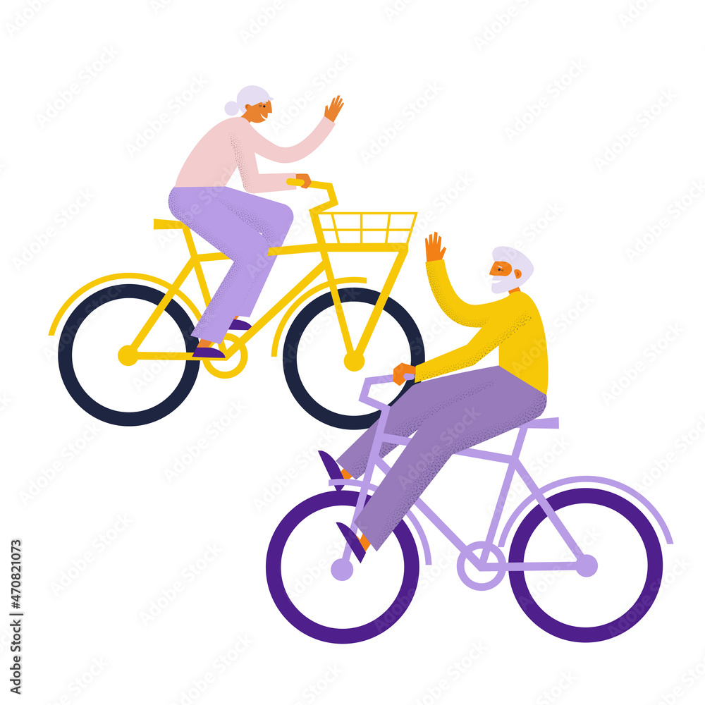 Elderly couple riding bicycles. Old friends man and woman greeting each
