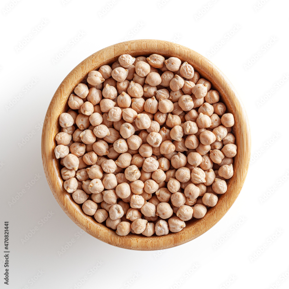 Uncooked chick pea in wooden bowl isolated on white background with clipping path Uncooked chick pea in wooden bowl isolated on white background with clipping path