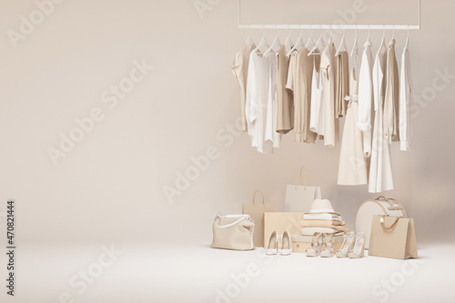 Clothes on grunge background, shelf on cream background. Collection of clothes hanging on a rack in neutral beige colors. 3d rendering, store and bedroom concept	