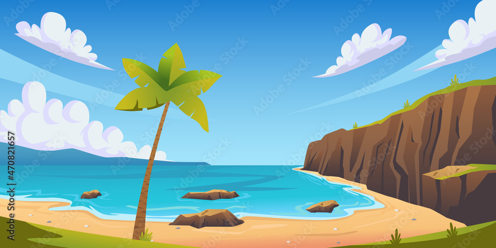 Tropical beach coastline landscape nature scene with palm tree, sand, and mountain for relax holiday leisure