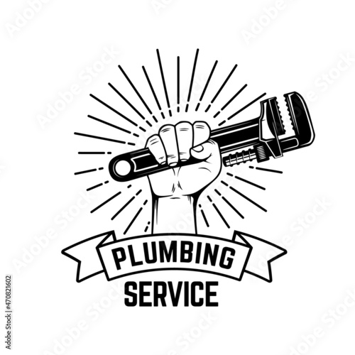 Plumbing service. Hand with plumbing wrench. Design element for logo, label, sign. Vector illustration