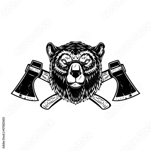 Bear with axes. Design element for poster, emblem, sign, logo, label. Vector illustration