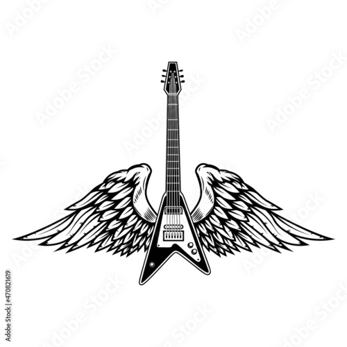 Illustration of winged rock guitar. Design element for logo, label, sign. Vector illustration