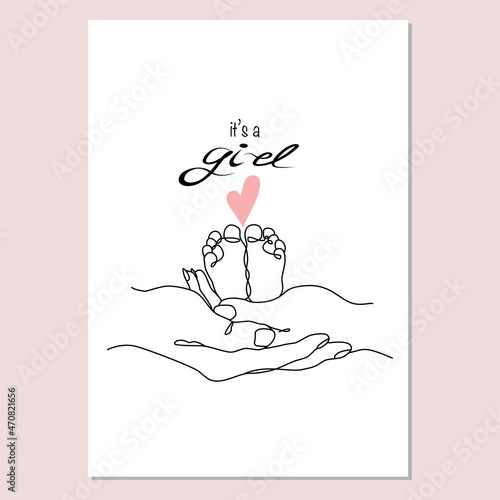 It's a girl. Vector one line art illustrations of a new born baby heels, mother and father holding a new born baby. Lineart family portret. One line hand with heart