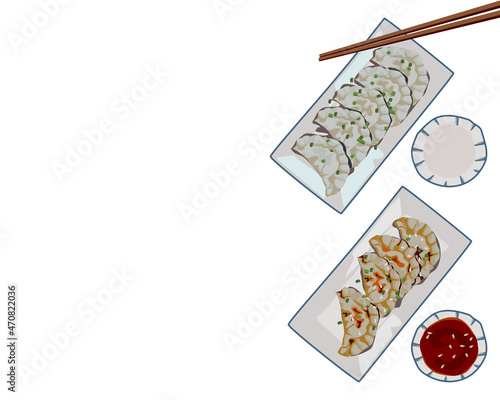 steamed dumplings with chilly sauce and vegetables dumpling plate and chopsticks. Isolated dumpling on white background. Asian food vector illustration. Chinese new year menu.