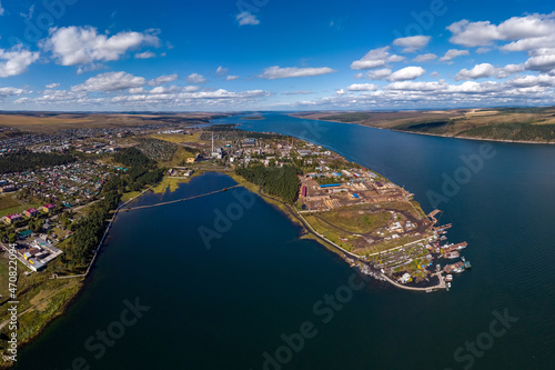 Aerial view of the city of Svirsk on the banks of the Angara © tilpich