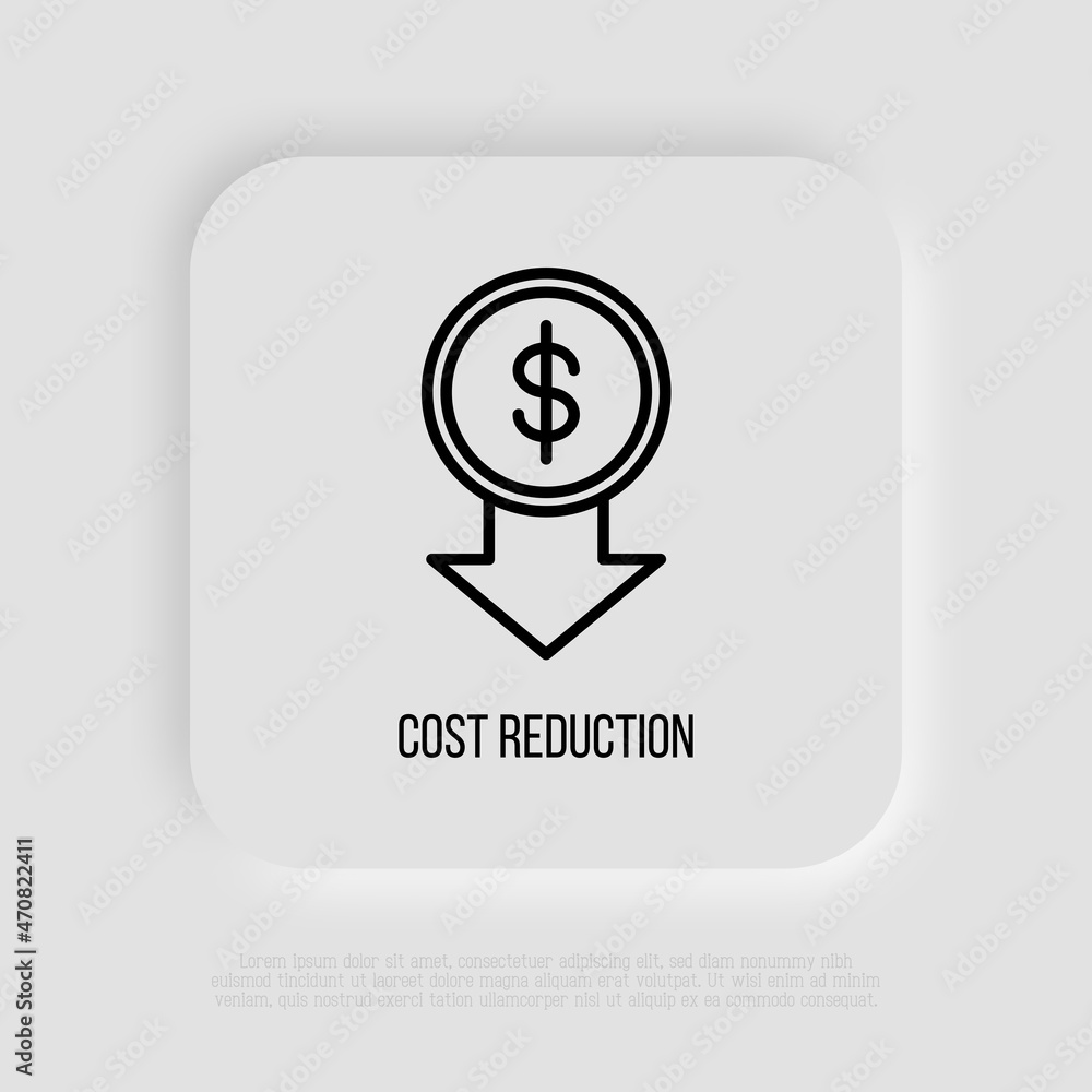 Cost reduction thin line icon. Special offer, promotion, price fall. Modern vector illustration. Cost reduction thin line icon. Special offer, promotion, price fall. Modern vector illustration.