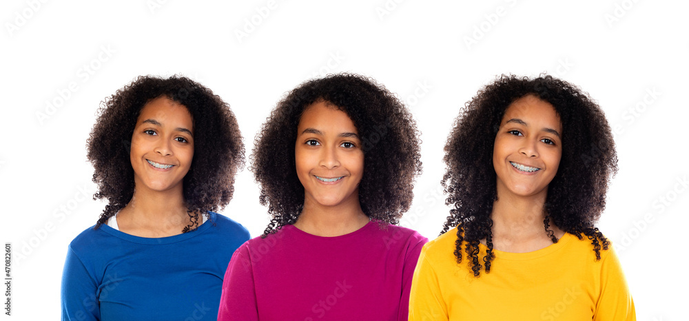 Three equal sisters with colorful T-shirts Three equal sisters with colorful T-shirts