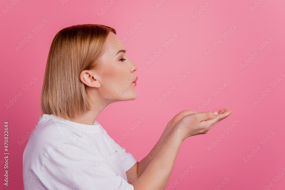 Dreamy attractive adorable lady send air kiss blind date concept Dreamy attractive adorable lady send air kiss blind date concept