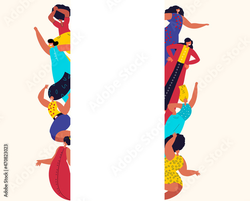 International Woman Day Poster Template.Feminism concept.Bright Beautiful Different Girls Women stand Together.Party,Celebration. Free Confident Women.Female Empowerment.Vector Flat Illustration photo