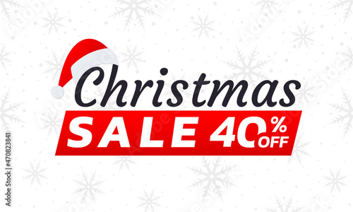 Christmas sale icon, label or banner. Xmas discount promotion poster or card template with Santa cap. 40 percent price off sticker design. Vector illustration.