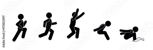 long jump technique, man jumping from a run, stick figure human silhouette, sport icon