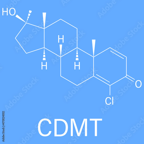 Chlorodehydromethyltestosterone (CDMT) androgenic and anabolic steroid molecule, used in sports doping. Skeletal formula.