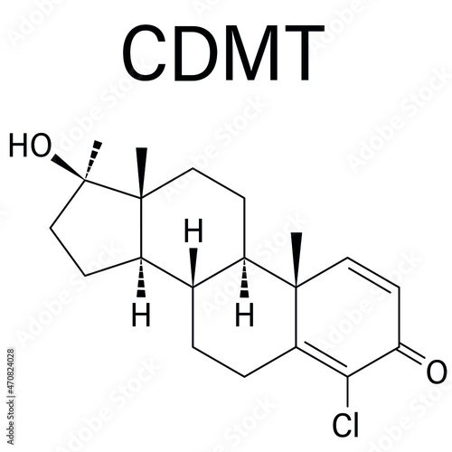 Chlorodehydromethyltestosterone (CDMT) androgenic and anabolic steroid molecule, used in sports doping. Skeletal formula.