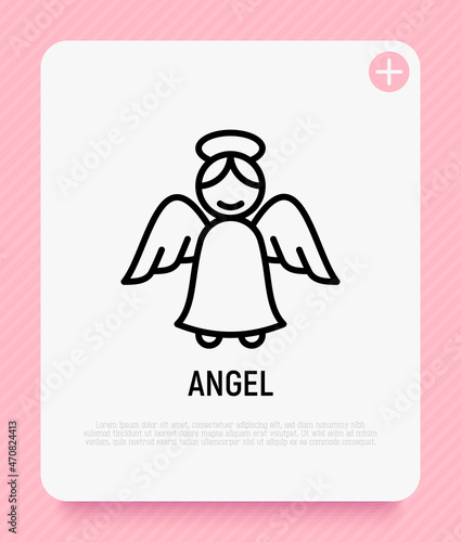 Angel with nimbus thin line icon. Symbol of Christmas or Valentine's day. Modern vector illustration.
