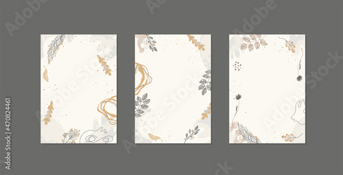 Set of abstract backgrounds, templates in trendy earthy colors. Modern design with linear floral illustrations and abstract shapes with texture. Covered under mask, easy to use.