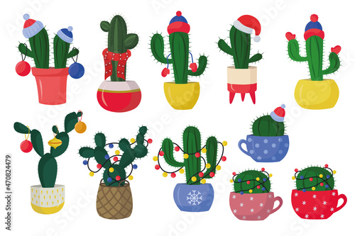  green Christmas New Year cacti in pots in a flat style isolated on a white background. Cactus Christmas tree with Garland, Santa Claus hat, Knitted hat and Scarf and Decorations