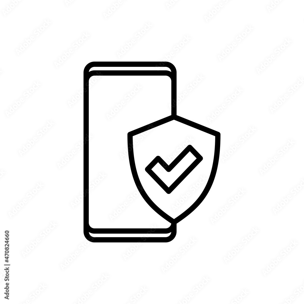 Mobile security, smartphone with shield thin line icon. Modern vector illustration.