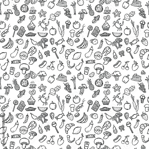 seamless pattern with food icons. icons of seafood, mushrooms, sweets, vegetables and fruits. vector food icons