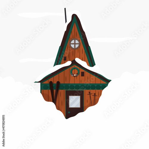 A small Icelandic house in the snow. greeting card for new year and Christmas. Beautiful nature of Iceland. Lots of snow. Winter landscape. A resort town. Skiing. Happy New Year and Christmas.