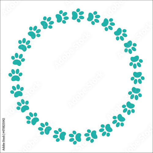 Turquoise animal paw prints round frame with empty space for text.