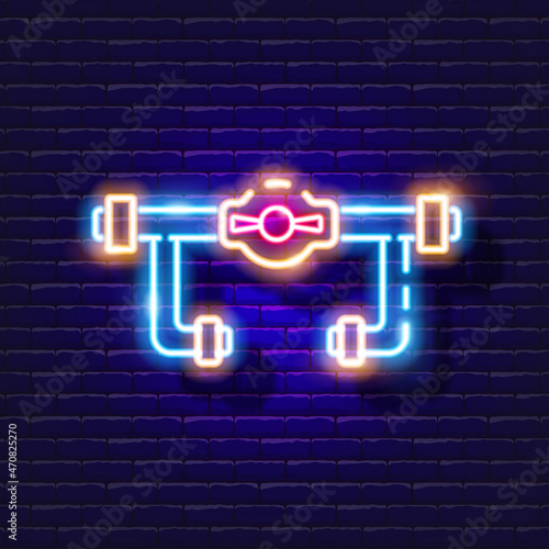 Injection bypass for irrigation neon icon. Irrigation system, watering system, hose and accessories glowing sign. Vector illustration for design, website, advertising, store, goods.