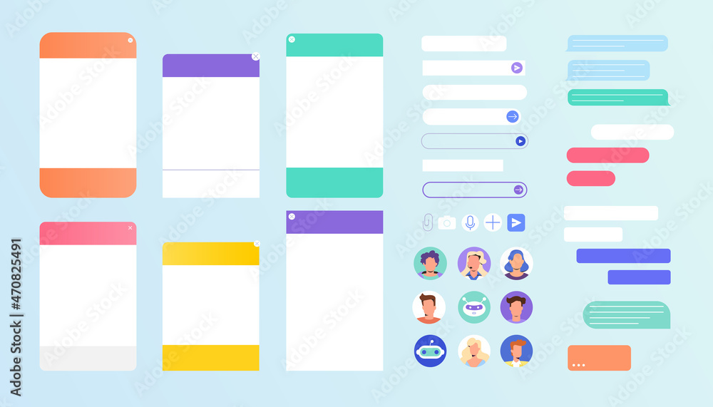 Vecteur Stock Chat bot dialogue windows set with empty text boxes. Talk  interface with user avatar, consultant chatbot robot, online personal  assistant and message bubble. Flat design for customer service support.