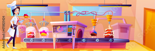 Cartoon confectioner on candy factory control cake production on conveyor belt. Desserts and cupcakes moving on line with automation system. Manufacturing process of sweet food cooking and decorating.