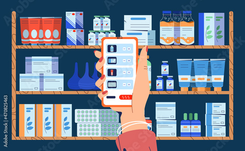 Hand holding smartphone with application for ordering medicine in internet. Drug shelves in pharmacy shop with pills, tablets and medicals products. Online pharmacy concept. Flat vector illustration.