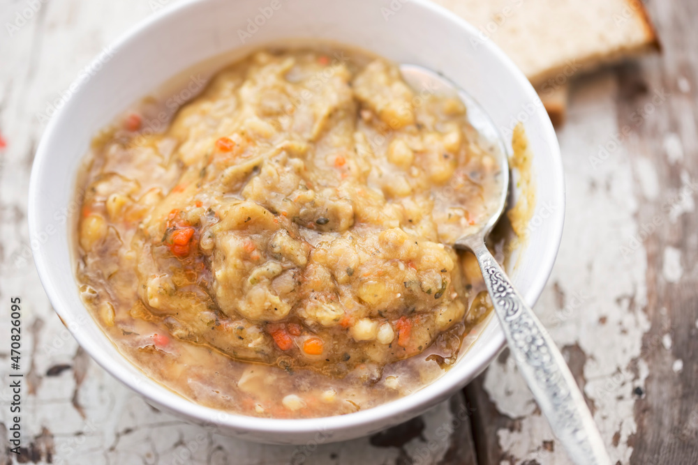 Grochowka - dense polish bean soup, with bacon and vegetables Grochowka - dense polish bean soup, with bacon and vegetables
