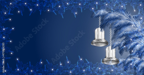Christmas and new year's template. Shiny silver bells, snowflakes, snow-covered spruce branches on dark blue background. Christmas bells. Social media, social network. Vector illustration